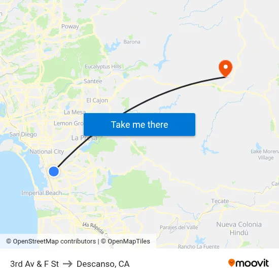 3rd Av & F St to Descanso, CA map