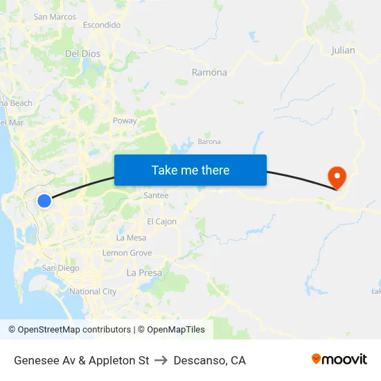 Genesee Av & Appleton St to Descanso, CA map