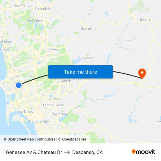 Genesee Av & Chateau Dr to Descanso, CA map