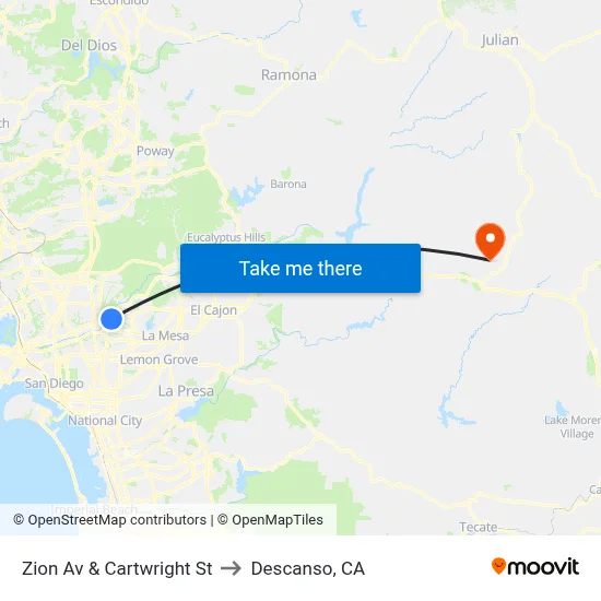 Zion Av & Cartwright St to Descanso, CA map