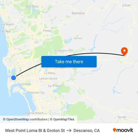 West Point Loma Bl & Groton St to Descanso, CA map