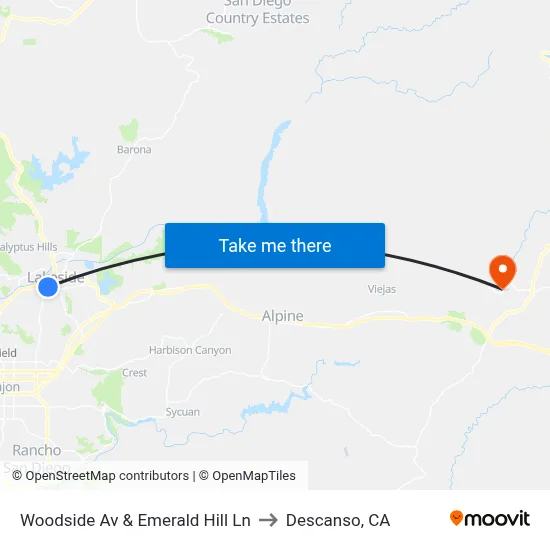 Woodside Av & Emerald Hill Ln to Descanso, CA map
