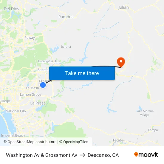 Washington Av & Grossmont Av to Descanso, CA map