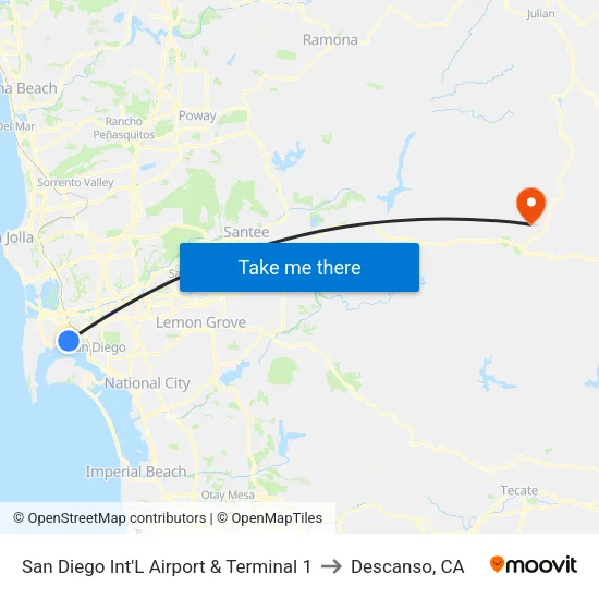 San Diego Int'L Airport & Terminal 1 to Descanso, CA map