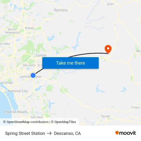 Spring Street Station to Descanso, CA map