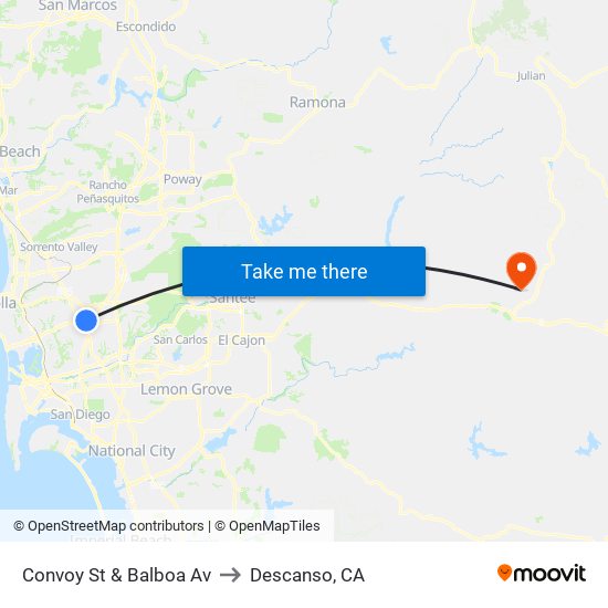 Convoy St & Balboa Av to Descanso, CA map