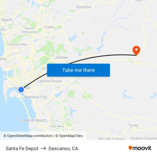 Santa Fe Depot to Descanso, CA map