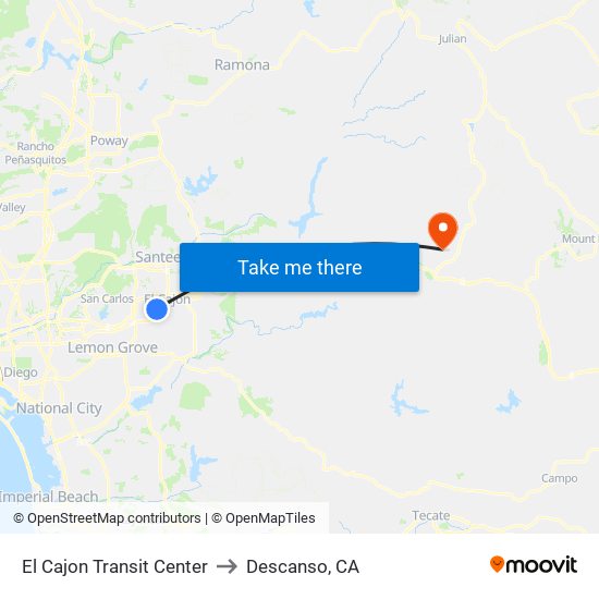 El Cajon Transit Center to Descanso, CA map