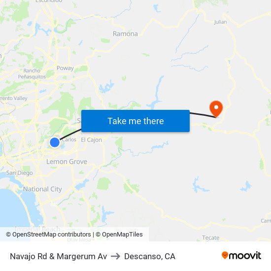 Navajo Rd & Margerum Av to Descanso, CA map