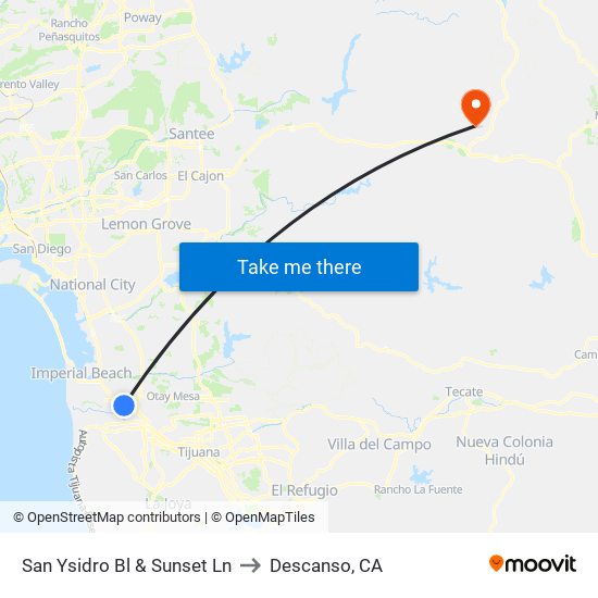 San Ysidro Bl & Sunset Ln to Descanso, CA map