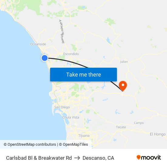 Carlsbad Bl & Breakwater Rd to Descanso, CA map