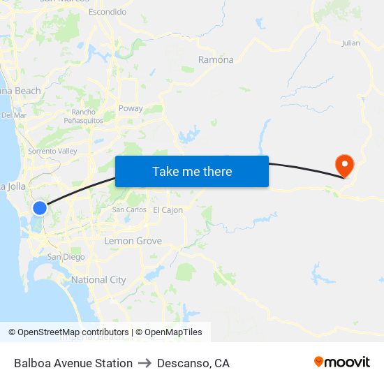 Balboa Avenue Station to Descanso, CA map