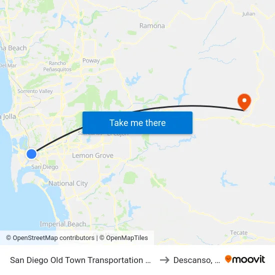 San Diego Old Town Transportation Center to Descanso, CA map
