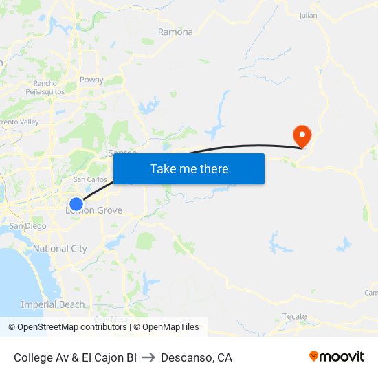 College Av & El Cajon Bl to Descanso, CA map