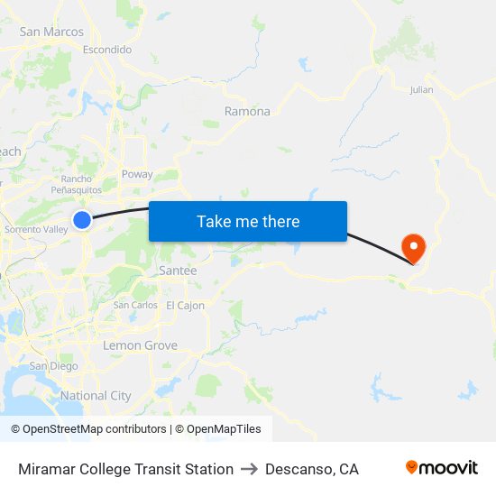 Miramar College Transit Station to Descanso, CA map