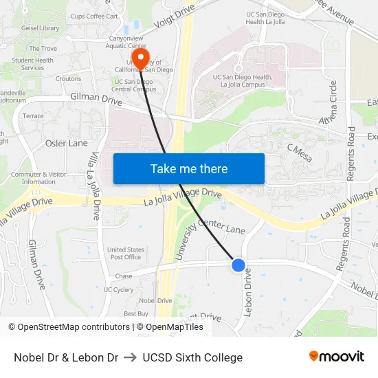 Nobel Dr & Lebon Dr to UCSD Sixth College map