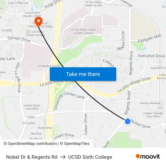 Nobel Dr & Regents Rd to UCSD Sixth College map
