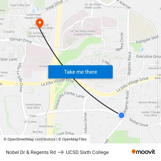 Nobel Dr & Regents Rd to UCSD Sixth College map