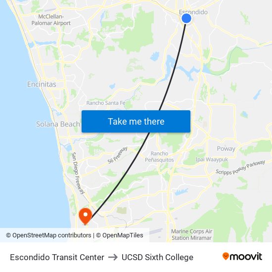 Escondido Transit Center to UCSD Sixth College map