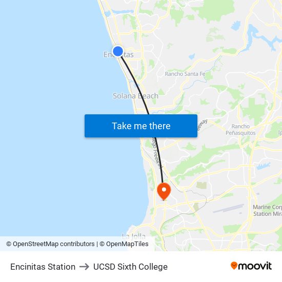 Encinitas Station to UCSD Sixth College map