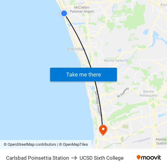 Carlsbad Poinsettia Station to UCSD Sixth College map