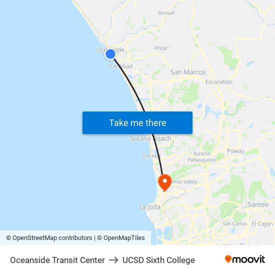 Oceanside Transit Center to UCSD Sixth College map