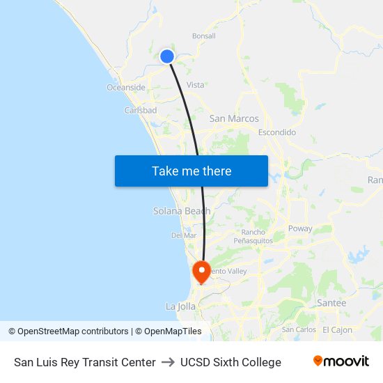 San Luis Rey Transit Center to UCSD Sixth College map