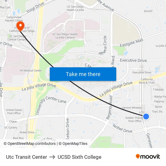 Utc Transit Center to UCSD Sixth College map
