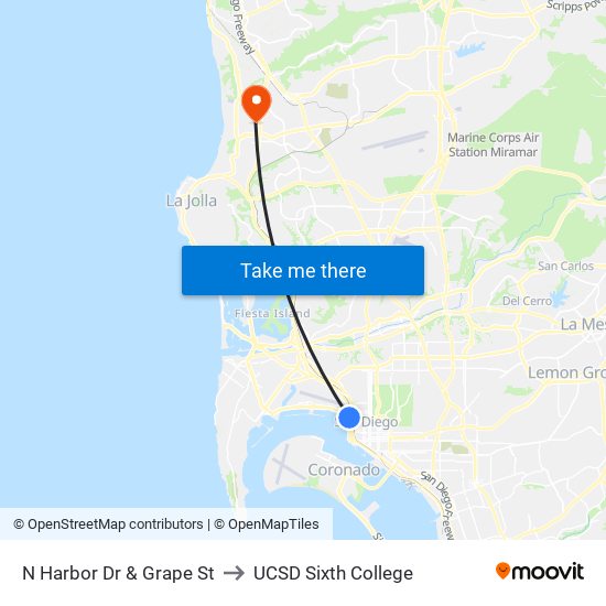 N Harbor Dr & Grape St to UCSD Sixth College map