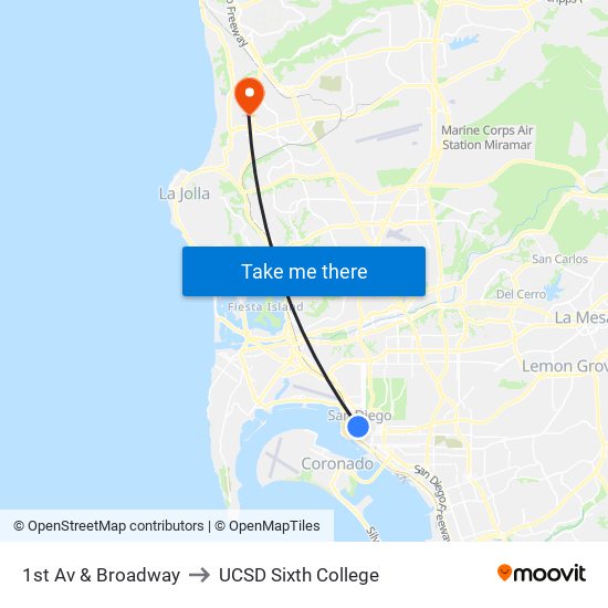 1st Av & Broadway to UCSD Sixth College map