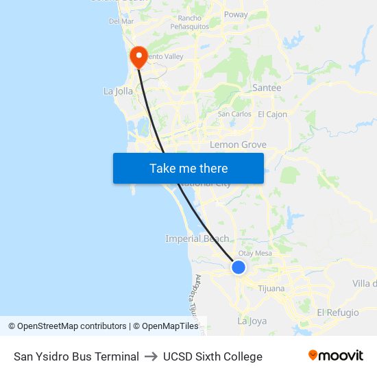 San Ysidro Bus Terminal to UCSD Sixth College map