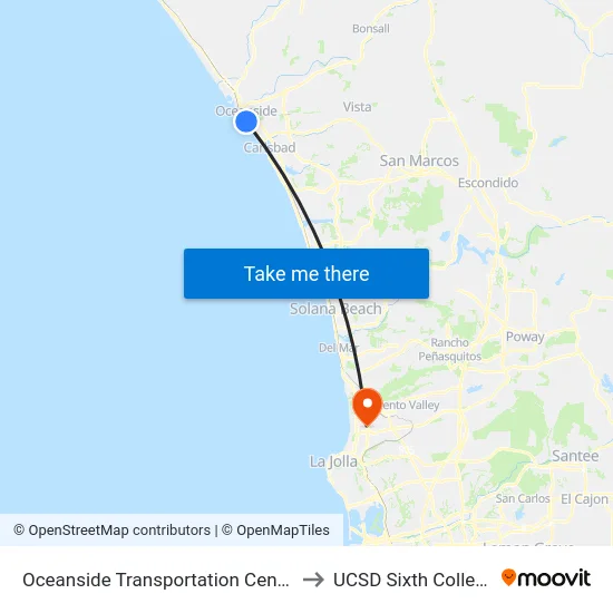 Oceanside Transportation Center to UCSD Sixth College map