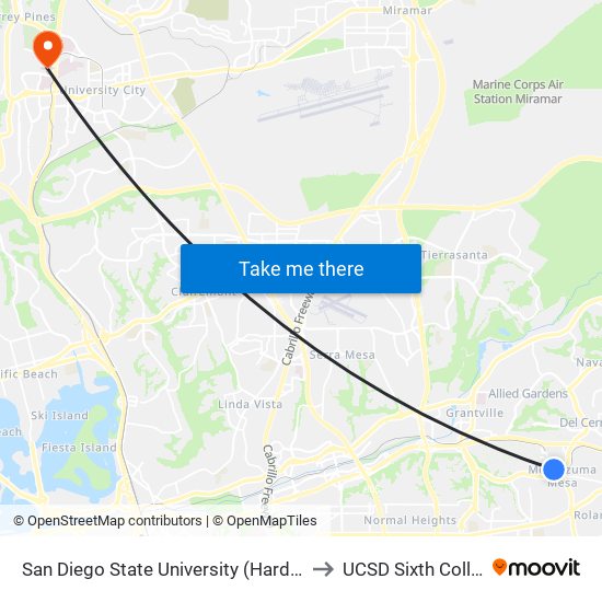 San Diego State University (Hardy Ave) to UCSD Sixth College map