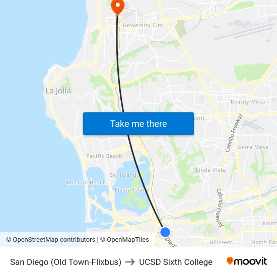 San Diego (Old Town-Flixbus) to UCSD Sixth College map