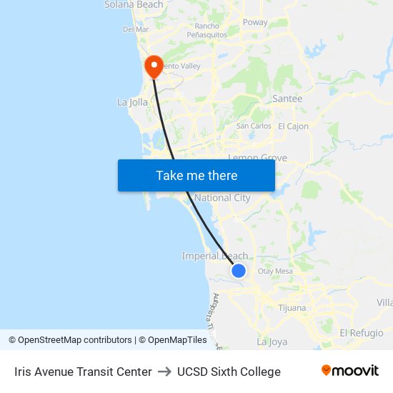 Iris Avenue Transit Center to UCSD Sixth College map