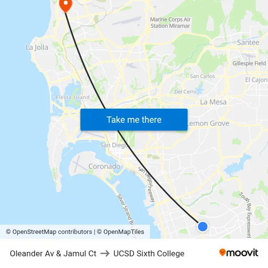 Oleander Av & Jamul Ct to UCSD Sixth College map