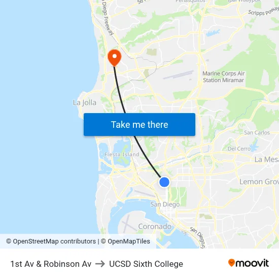 1st Av & Robinson Av to UCSD Sixth College map