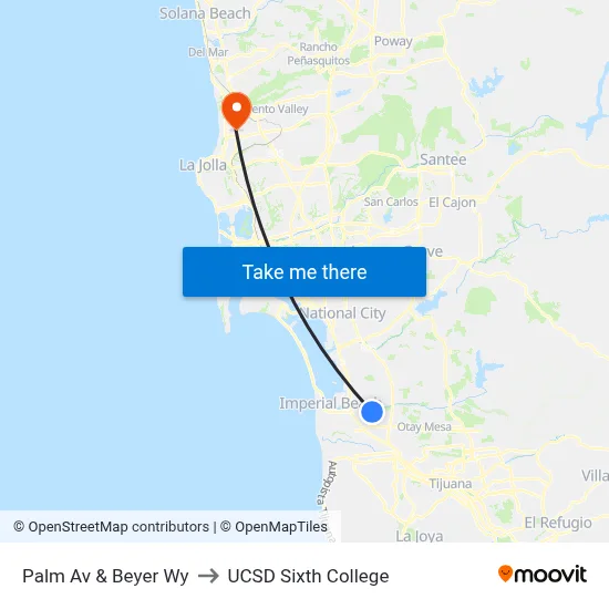 Palm Av & Beyer Wy to UCSD Sixth College map