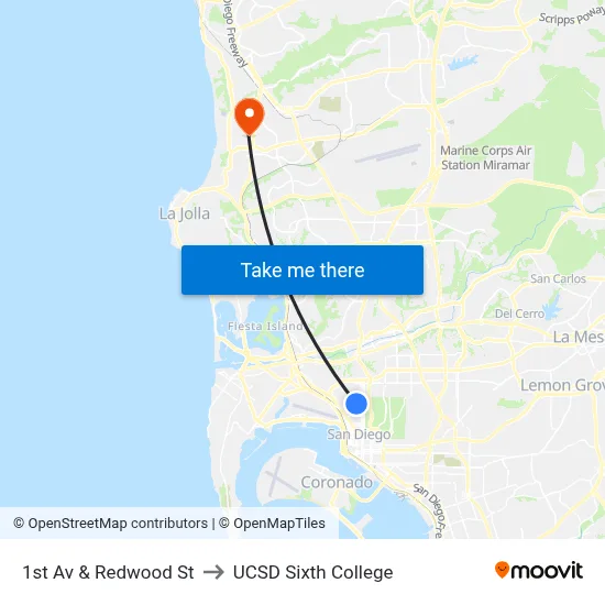1st Av & Redwood St to UCSD Sixth College map