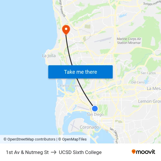 1st Av & Nutmeg St to UCSD Sixth College map
