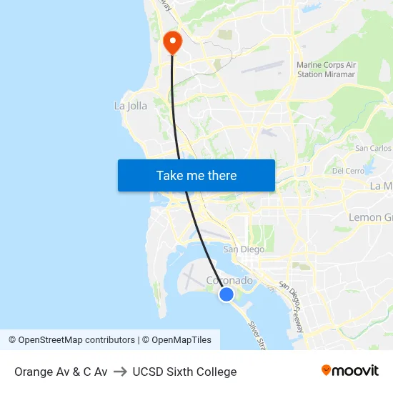 Orange Av & C Av to UCSD Sixth College map