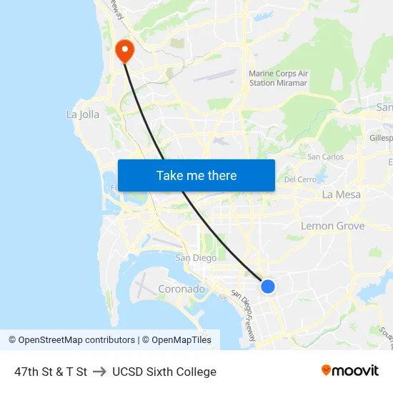 47th St & T St to UCSD Sixth College map
