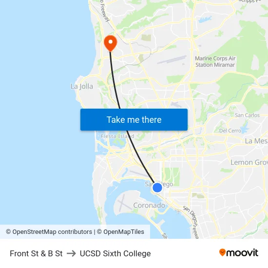 Front St & B St to UCSD Sixth College map