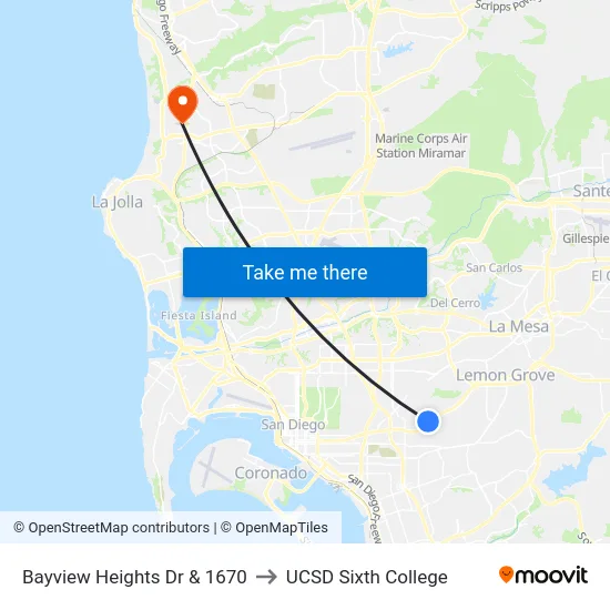 Bayview Heights Dr & 1670 to UCSD Sixth College map