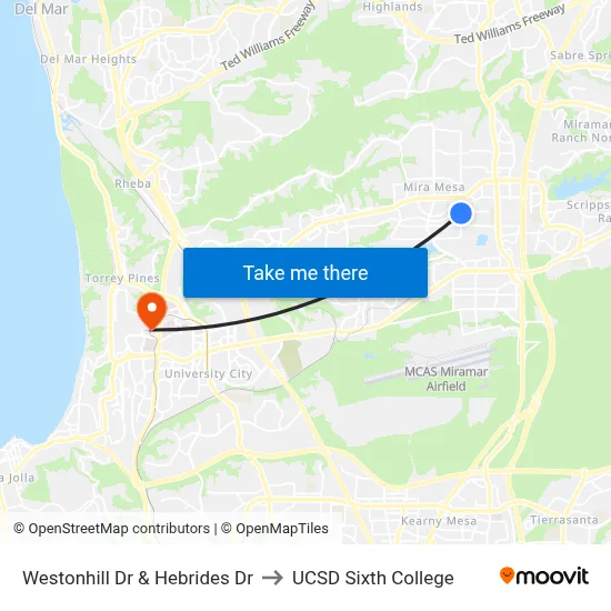 Westonhill Dr & Hebrides Dr to UCSD Sixth College map
