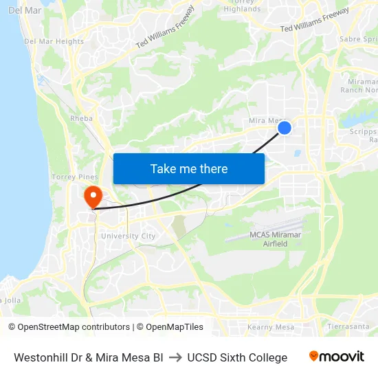Westonhill Dr & Mira Mesa Bl to UCSD Sixth College map