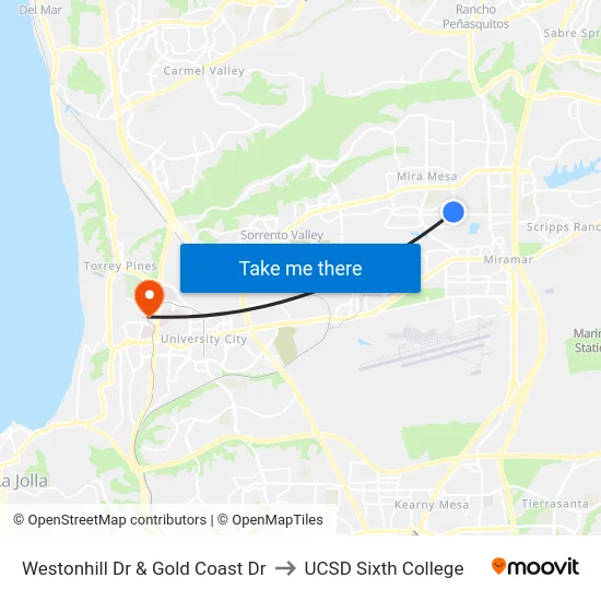 Westonhill Dr & Gold Coast Dr to UCSD Sixth College map