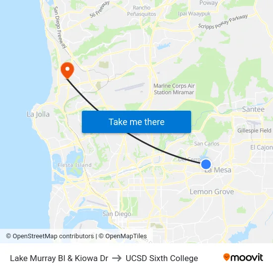 Lake Murray Bl & Kiowa Dr to UCSD Sixth College map