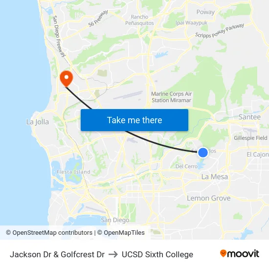 Jackson Dr & Golfcrest Dr to UCSD Sixth College map