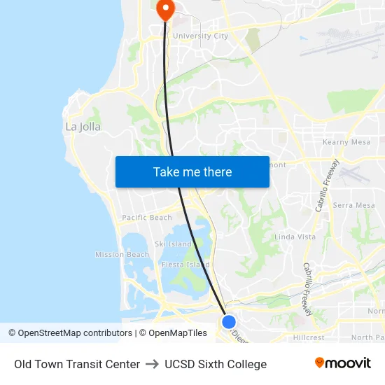 Old Town Transit Center to UCSD Sixth College map